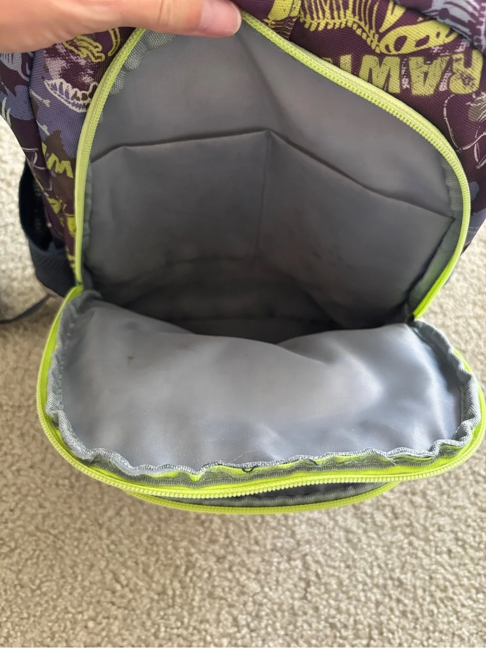 Kids' Purple Dinosaur Backpack with Lime Trim